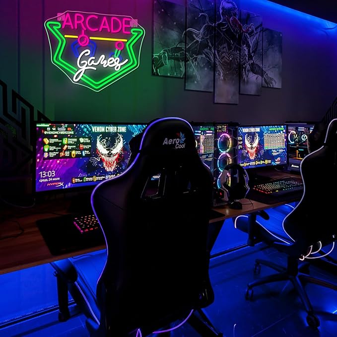 NEONLOVE Arcade Game Neon Sign for Wall Decor - Green LED Light for Game Room, Business - Acrylic, Dimmable, Theme Light Up Sign