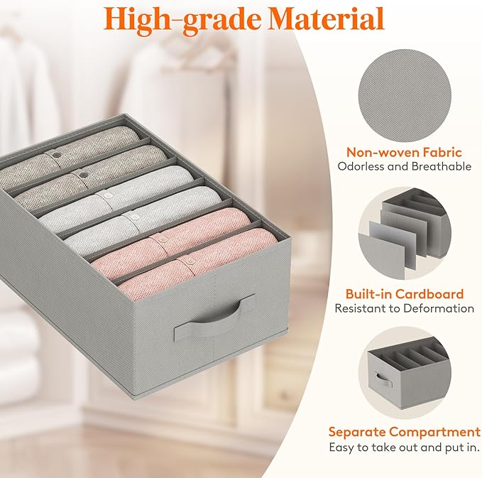 Lifewit Wardrobe Clothes Organizer 3 Pack, Large Size 6 Grids Closet Jean Storage Bins with Handles and Support Boards, Foldable Drawer Dividers for Sweater, Pants, T-shirt, Hoodie, Dress, Grey