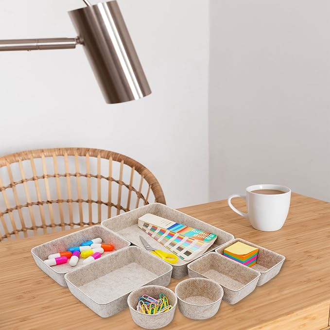 Welaxy Drawer organizers Felt storage bins office Desk Draw dividers wabi-sabi Nordic Natural Scandinavian-chic style beige hygge design catchall tray 7-Piece back to school (Oatmeal)