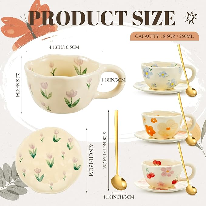 Vesici 4 Pcs Ceramic Coffee Mug with Saucer Spoon 8.5 oz Flower Cup with Handles Floral Aesthetic Vintage Porcelain Cute Mug Set for Tea Latte Milk Office Home, Dishwasher and Microwave Safe, 4 Styles