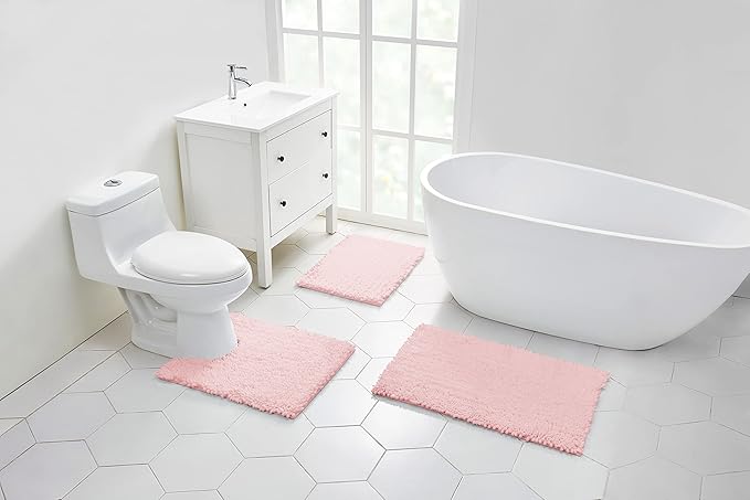 Walensee Bathroom Rug 2 Pieces Set Non Slip Bath Mat (20"x32" Plus 20"x24" U Blush) Water Absorbent Super Soft Shaggy Chenille Machine Washable Dry Extra Thick Perfect Carpet for Shower Floor
