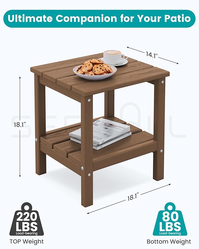 SERWALL 2-Tier HDPE Outdoor Side Table, Weatherproof Rectangular Adirondack Side Table, Brown
