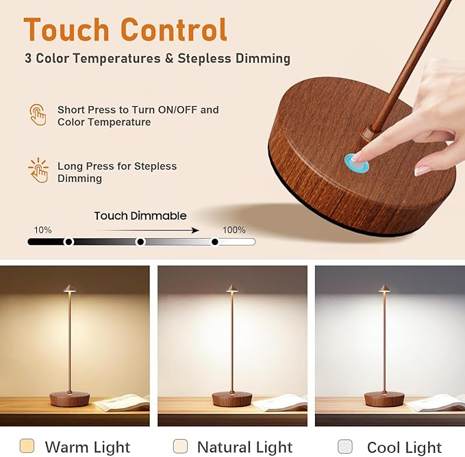 Rechargeable Cordless Table Lamp, 6000mAh LED Battery Operated Desk Lamp Touch 3 Color Stepless Dimming Portable Outdoor Waterproof Table Light for Patio/Restaurant/Dining/Home (Wood Grain)