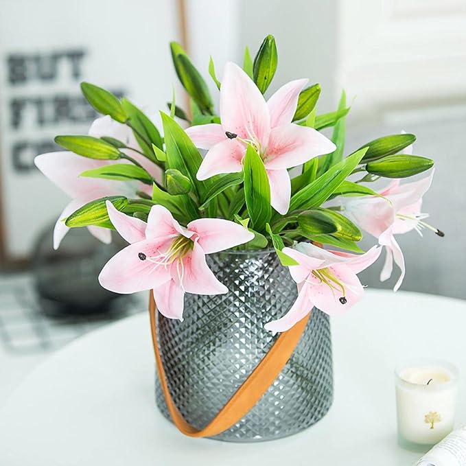 Hananona 8 Pcs Artificial Tiger Lily Real Touch Fake Easter Lily Flowers for Wedding Home Party Easter Decoration Plastic Lily Faux Flowers (Light Pink, 8)