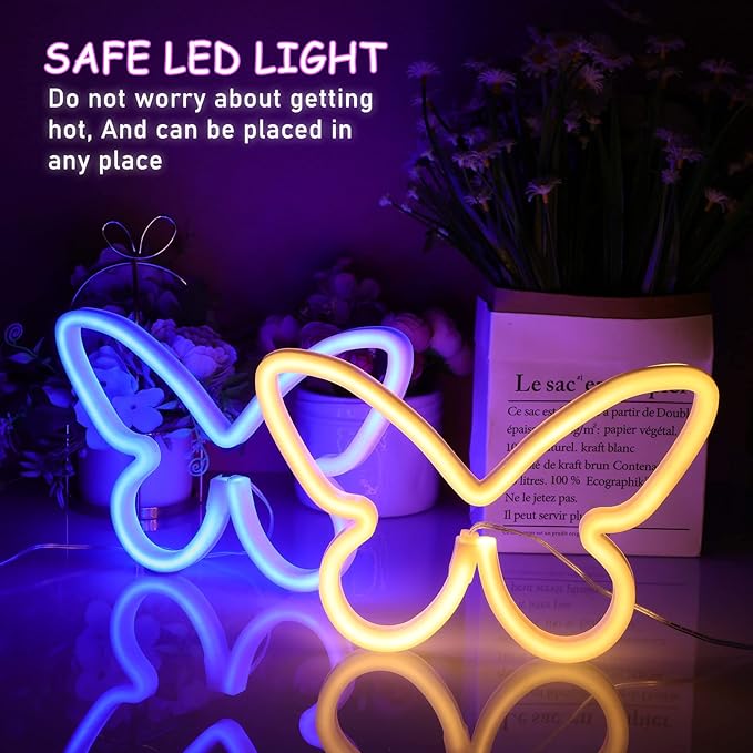 Riakrum 2 Pcs Butterfly Neon Signs LED Light 3AA Battery Powered USB Operated Wall Neon Light Decor Butterfly Wall Art for Christmas Home Bedroom Birthday Party Decor(Blue, Warm White)