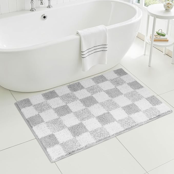 GRANNY SAYS Checkered Grey Bathroom Rugs, 36" x 24", Non-Slip Bath Mats for Bathroom, Plush Shag Absorbent Microfiber Ultra Soft Bath Mat, Cute Washable Rug for Tub, Shower, Bedroom