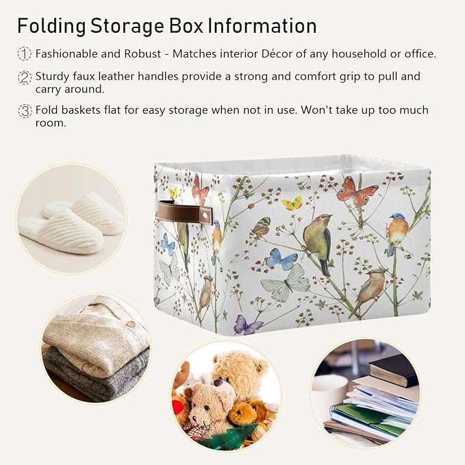 Watercolor Bird Butterfly Storage Basket Bin for Shelves Closet Vintage Foldable Fabric Storage Box Cube with Handles Kids Gifts Toys Cloth Shelf Basket Organizer for Bedroom Nursery Home Decor