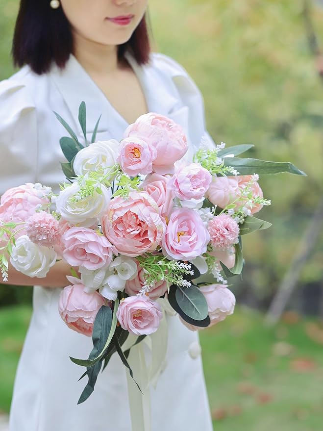 MISSPIN Artificial Flowers DIY Box Set Fake Roses Bouquet Bridal Wedding Flowers Colorful Centerpiece Table Decorations Boho Faux Floral with Stems Arrangements for Cake Home Party Indoor Outdoor