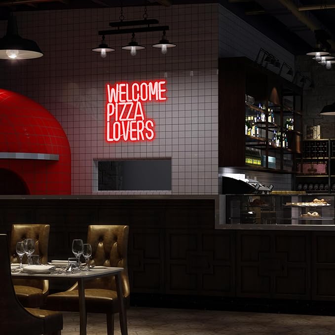 Welcome Pizza Lovers Neon Light, Red Dimmable LED Personalized Pizza Lovers Neon Sign, Family Restaurant Entertainment Room Food Theme Party Wall Neon Sign Decoration, Ideal Holiday Gift For Pizza Lovers, Children, Family (12.9*12.5in)