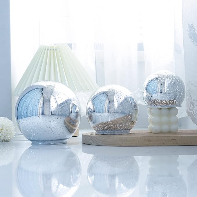 Lighted Mercury Glass Ball Table Lamp, Silver Cordless Glass Orb Christmas Decor Ball Led Light Globe, Modern Light Up Battery Operated Sphere Night Light for Home Bedroom Indoor Decor, Large