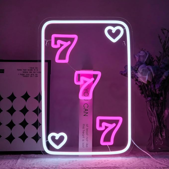 Lucky 777 Neon Sign for Wall Decor Dimmable Pink Poker Led Lights Signs for Bedroom Luck Seven Neon Light for Game Room Living Room Party Decoration Birthday Gift for Kids Girl