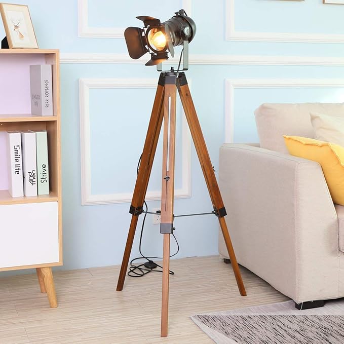 Industrial floor lamps for Living Room, Farmhouse Tripod Lamp for Bedrooms Vintage Steampunk Adjustable 55" Black Metal Camera Wooden Tall Standing Lights for Study Corner, Office (No E26 Bulb)