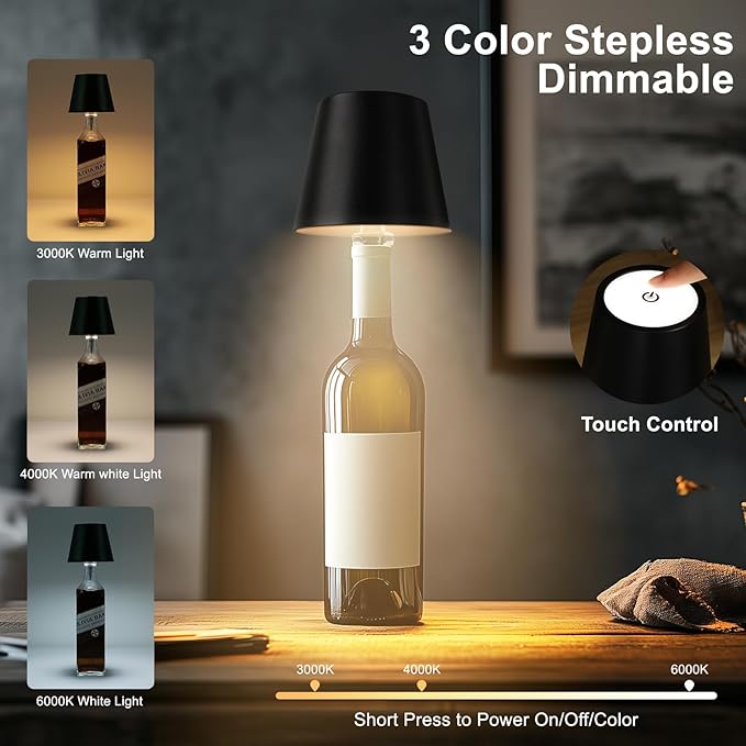 3600mAh Wine Bottle Lamp, 2025 New 3 Color Rechargeable Wireless Bottle Lamp for Liquor Bottles with Touch Dimming for Parties, Restaurants & Home Decor (Black)