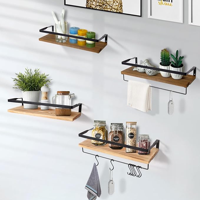 AGM Floating Shelves, Bathroom Shelf Set of 2, Wall Storage Shelf with Towel Bar & 8 Hooks, Wall Mounted Shelves for Bathroom, Bedroom, Kitchen, Living Room Decor