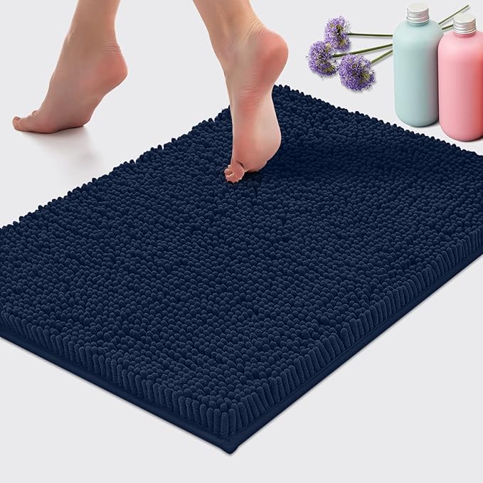 LuxUrux 2 Piece Bathroom Rug Set - Premium Plush Bath Mat Shower Rugs, 1" Chenille Microfiber, Non-Slip & Absorbent, Soft & Cozy, Durable Stylish (20x30 & 16x24 inches, Navy)