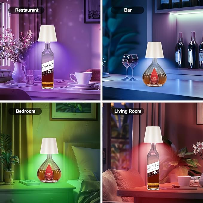 Wine Bottle Lamp, 2025 New 3 Color Rechargeable Wireless Bottle Lamp for Liquor Bottles with Touch Dimming for Parties, Restaurants & Home Decor (RGB White)