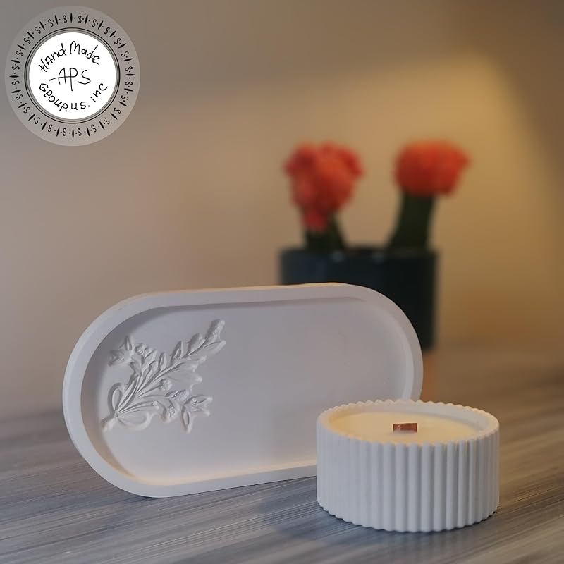 Candle for home,Aroma Candle in a Plaster Candlestick,Cozy Home Candles, Wooden Wick,Soy & Coconut Blend, Handcrafted Aromatic Candle in a Cement Candleholder, Cement Holders & Tray (Pink Lime)