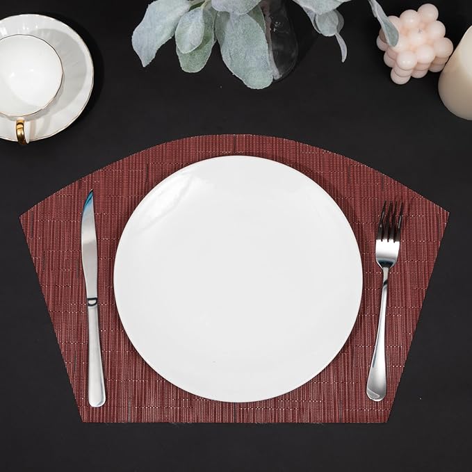 SHACOS Small Round Table Placemats Set of 4 Wedge Placemats Burgundy Red Heat Resistant Table Mats Wipe Clean (4, Burgundy Red)