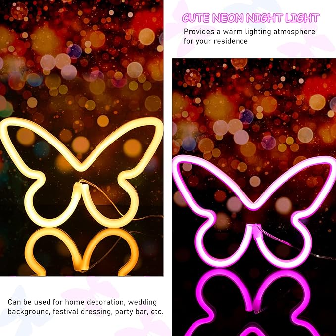 Riakrum 2 Pcs Butterfly Neon Signs LED Light 3AA Battery Powered USB Operated Wall Neon Light Decor Butterfly Wall Art for Christmas Home Bedroom Birthday Party Decor(Pink, Warm White)