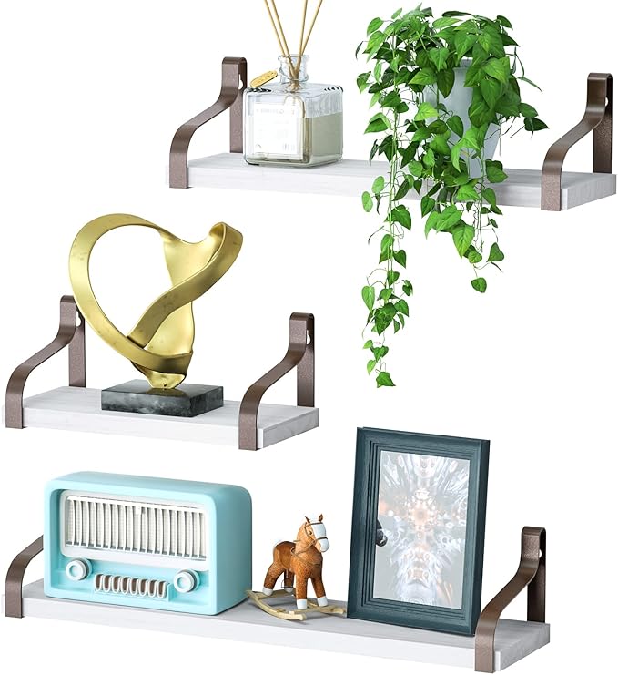Love-KANKEI Floating Shelves for Wall Set of 3, Rustic Wood Wall Shelves for Bedroom, Living Room, Bathroom, Kitchen, Office Storage White Brown