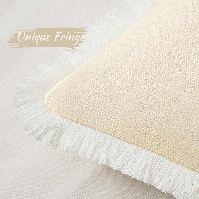 MIULEE Decorative Throw Pillow Covers Neutral Linen Fringe Throw Pillows Set of 2 Cream White Boho Farmhouse Cushion Covers with Tassels for Couch Sofa Bed Living Room Spring Home Decor 18x18 Inch