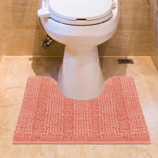 ACCUMTEK Striped Coral Toilet Bathroom Rug Mat 24" x 20" Contour Rug Ultra Soft, Non Slip Chenille Bath Rugs, Absorbent Plush Shaggy Bath Mats for Bathroom, Bedroom, Kitchen, Shower, Tub