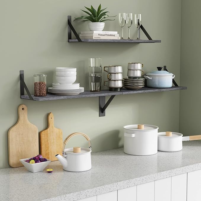 Forbena Gray Floating Shelves Wall Mounted Bookshelf Set of 3, 24 Inches Long 8 Inch Deep Wall Shelves for Bedroom, Bathroom, Living Room, Laundry Room, Kitchen, Office, Closet (Rustic Grey)