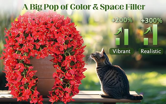 4 Pcs UV Resistant Artificial Flowers for Outdoors, Realistic Faux Silk Bougainvillea Flowers, Fake Hanging Plants for Porch Patio Balcony Decoration (Red)