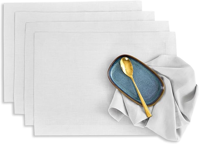 Solino Home Linen Placemats Set of 4 - Silver Cloud Placemats 14 x 19 Inch - 100% Pure Linen Table Place Mats for Summer - Fete