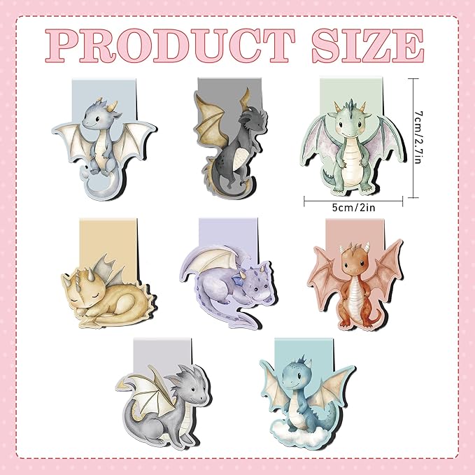 Cute Dragon Magnetic Bookmarks: 8 Pcs Unique Little Dragon Book Marks for Kids, Adorable Animals Magnet Book Markers Clips, Bookish Gifts for Reading Kids Boys Girls School Supplies
