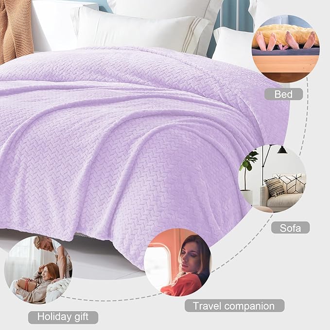 Exclusivo Mezcla Lilac Purple Fleece King Size Blanket for Bed, 90x104 Inches Soft Cozy Jacquard Flannel Blankets, Lightweight Fuzzy Plush Warm for All Seasons