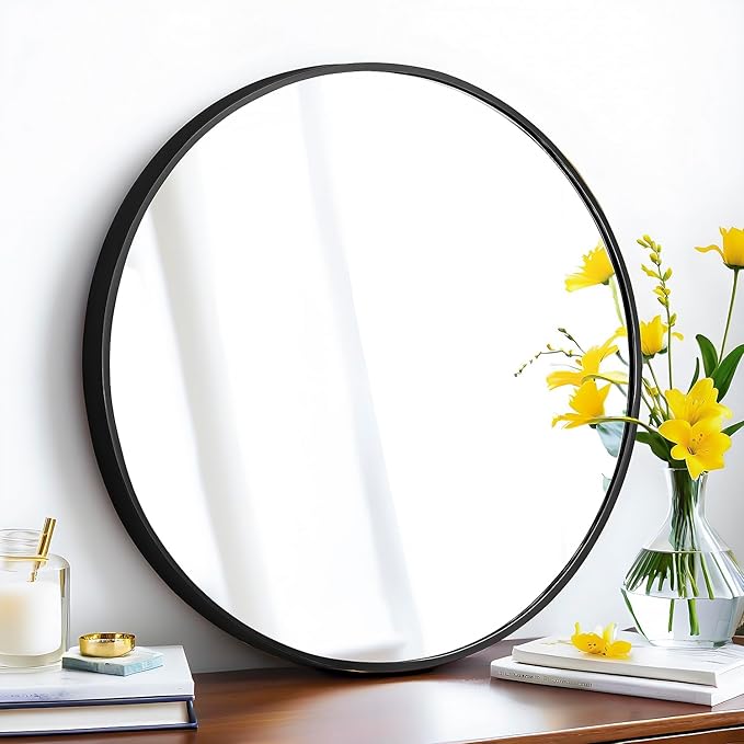 24" Round Mirror Circle Wall Mounted Hanging or Against Wall Metal Frame Dressing Make-up Mirrors for Entryway Bedroom Bathroom Living Room 24 inch Black