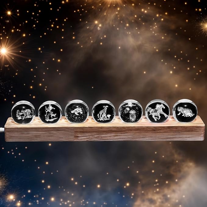 7 Glass Laser Balls with LED Wooden Base 3D Crystal for Mother Son Theme Lights Up as Night Light for Room Decoration, Gifts for Women - Healing Spheres for Meditation in Home Office on Mothers Day
