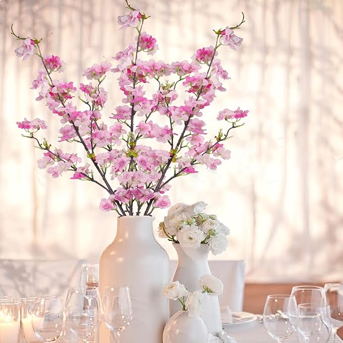 CISDUEO 3 Pcs Artificial Cherry Blossom Flower Silk Peach Flowers Bulk Plum Blossom Flowers with Leaves Cherry Blossom Branches Vase Arrangements for Spring Wedding Indoor Outdoor DIY Party Decor Pink