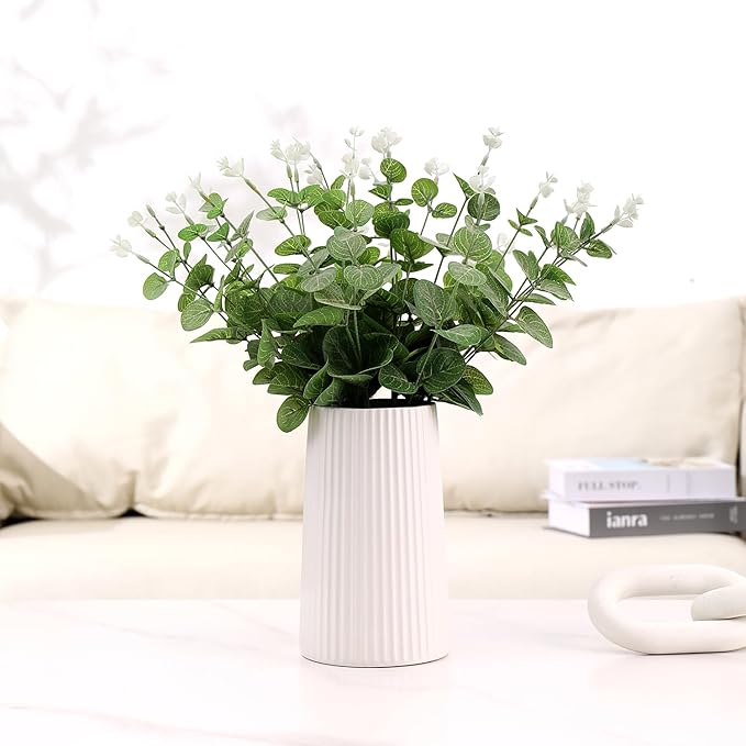 White Ceramic Vase for Flowers, Large Modern White Vase for Home Decor, Decorative Vase for Living Room, Office, Mantel, Bookshelf, Dining Table, 8 inches