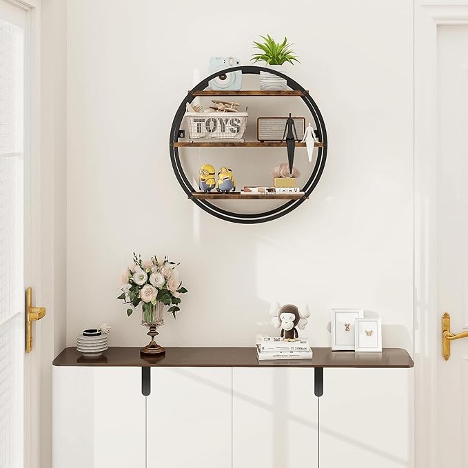 Floating Shelves, 3 Tier Decorative Geometric Circle Metal and Wood Wall Shelves, Bathroom Shelf Round Wall Decor, Rustic Brown