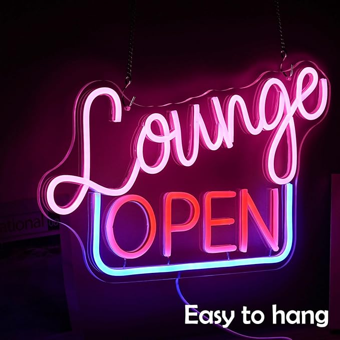 Dimmable Lounge Open Neon Sign Led Lounge Neon Lights for Wall Decor Cool Letter LED Sign Business Light Up Signs for Bar Store Hotel Party Decoration(16.7’’X10.4’’)