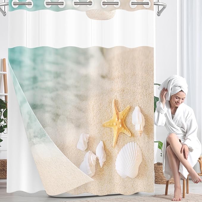 Beach Ocean No Hook Shower Curtain with Snap in Liner, Starfish Shell Sea Bath Curtain with Double Layers Waterproof Fabric and Mesh Top Window 71x74 Inch