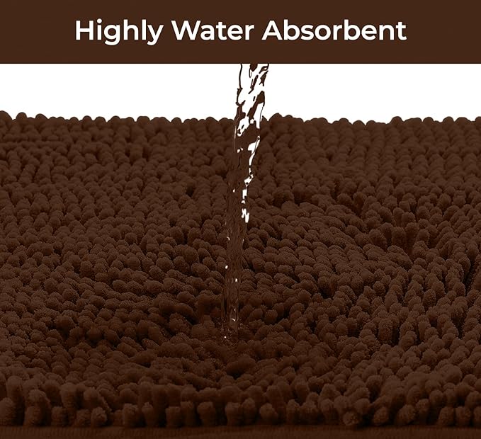 Bathroom Rugs Sets 2 Piece, Luxury Chenille Bath Mat Set, Soft Plush Anti-Slip Bath Rug + U-Shaped Toilet Mat. Microfiber Shaggy Carpet, Super Absorbent (24” x 36” & 20” x 24” U, Brown)
