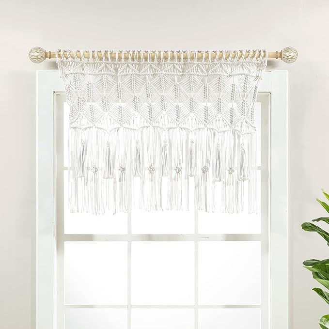 Lush Decor Boho Macrame Tassel Cotton Valance/Kitchen Curtain/Wall Decor, 30" L x 40" W, White