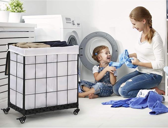 Durable Laundry Hamper with Removable Liner Bag, Heavy Duty Wheels, Wood Lid and Metal Handle - Clothes Sorter and Laundry Basket in White