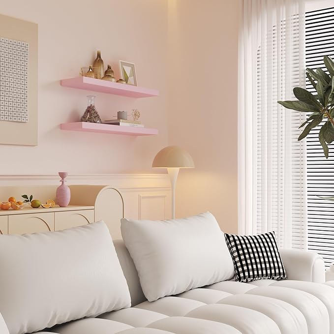 Pink Floating Shelves for Wall - 17 Inch Natural Wood Shelves for Bathroom, Bedroom, Kitchen Decor, Farmhouse Decor Set of 2