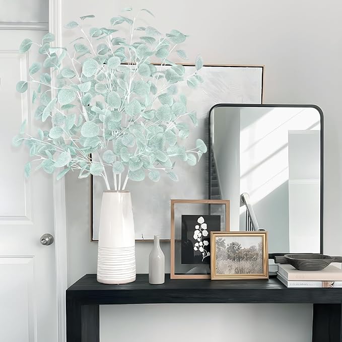 16Pcs Artificial Eucalyptus Leaves Stems 33.8’’ Long Silver Dollar Eucalyptus Faux Fake Foliage Plants Greenery Branches Bushes for Home Fireplace Office Party Decor