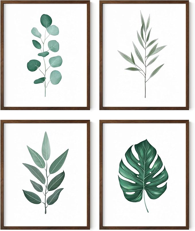 HAUS AND HUES Plant Wall Art - Botanical Prints Wall Art, Green Wall Art Collection Set Plant Pictures Wall Art, Leaves Paintings For Wall Minimalist Wall Art Sage Green Decor (8x10, Framed Walnut)