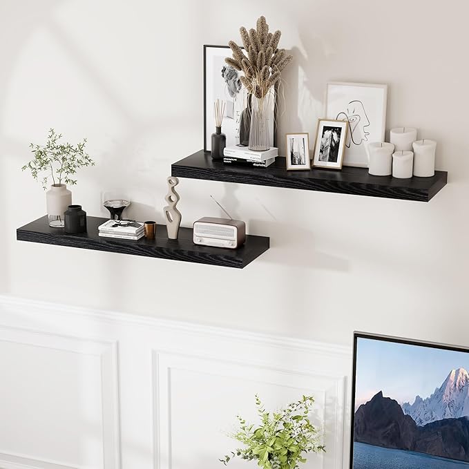 Floating Shelves Black 36 Inch Long, 9.3" Deep Floating Shelf Wall Mounted, Rustic Deep Bookshelf, Large Display Storage Shelves for Bathroom, Bedroom, Kitchen, 36"W x 9.3"D x 1.5"H, Set of 2