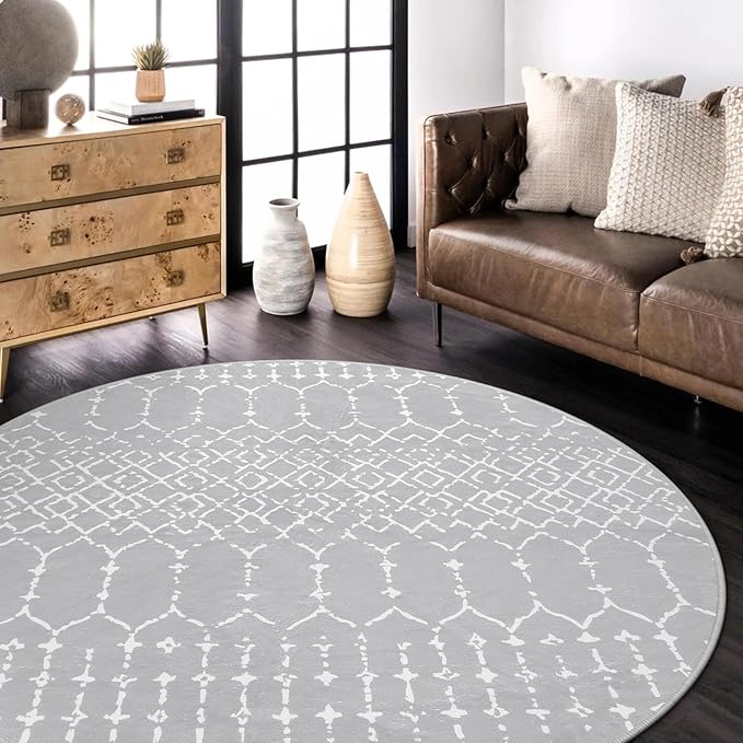 Lahome Moroccan Washable Round Rug - 4Ft Round Area Rugs for Bedroom Non-Slip Grey Stain Resistant Round Kitchen Rug, Modern Geometric Print Indoor Floor Circle Carpet for Entryway Living Room Sofa