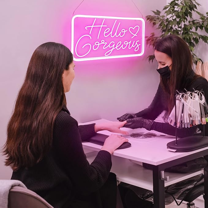 Hello Gorgeous Neon Signs for Wall Decor, Hello Beautiful Neon Sign for Girls Bedroom, Makeup Room Pink LED Neon Lights for Bachelorette Birthday Party Wedding USB Powered with Dimmable Switch