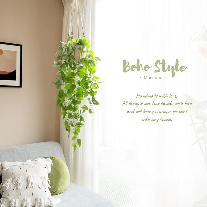 Mkono Fake Hanging Plant with Pot, Artificial Plants for Home Decor Indoor Macrame Plant Hanger with Fake Vines Greenery for Bedroom Bathroom Kitchen Office Decor, Ivory (Pothos)