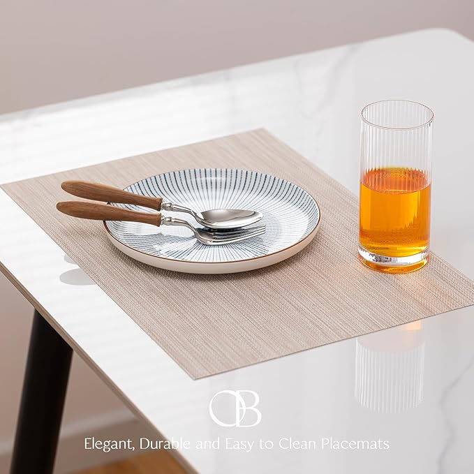 Placemats Set of 6 - Easy Clean Woven Vinyl Placemats for Dining Table, Indoor/Outdoor Place Mats, Washable PVC Table Mats(Beige)