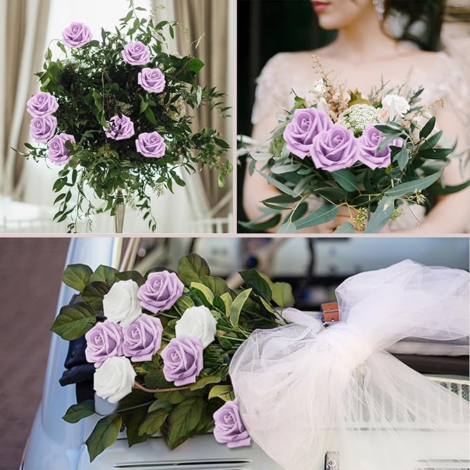 100PCS Light Purple Artificial Flowers Roses Real Looking Foam Fake Roses with Leaves for DIY Wedding Bouquets Bridal Shower Party Decorations (Lilac, 100)